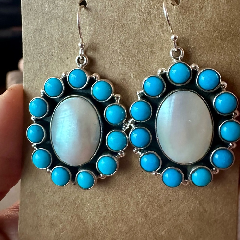 Sterling silver, turquoise and mother-of-pearl dangling earrings - Picture 2 of 6